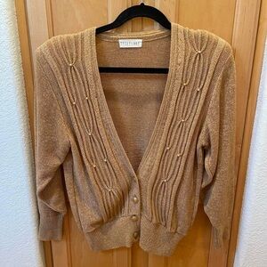 Tan Gold BELLECLUB Beaded Vintage 80s Cardigan Sweater Size Small